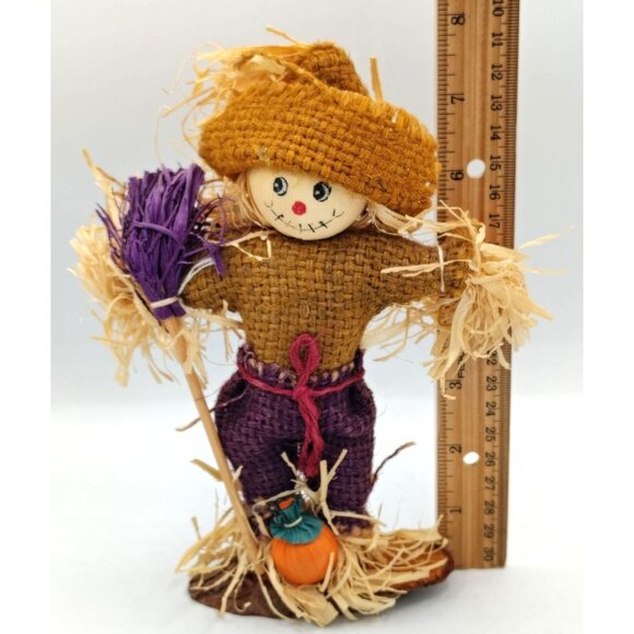 Scarecrow Figure Handmade Fall 7.5 In Wood Base Halloween Pumpkin Harvest Decor - Picture 2 of 15